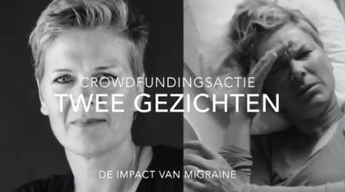 foto crowdfundingcampagne Hottie Wiersma met links een gewone portretfoto en rechts een foto van Hottie met migrainer