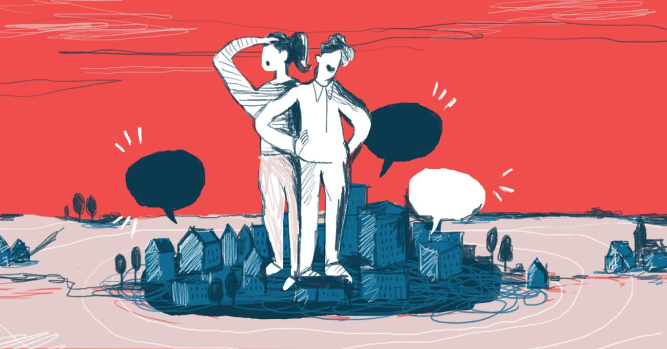Illustratie waarin een man en een vrouw in het midden van een dorp met huizen en kantoorpanden staan. Ze kijken om zich heen. Boven een aantal panden hangen tekstballonnen.