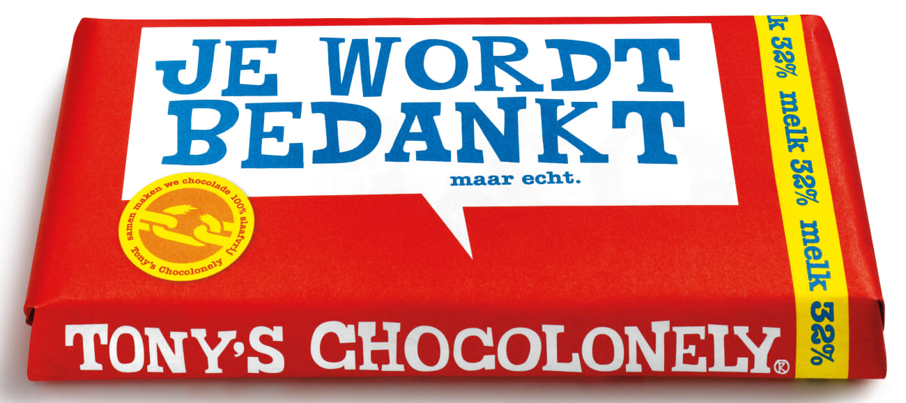 Wikkel Tony's Chocolonely je wordt bedankt melkchocoladereep